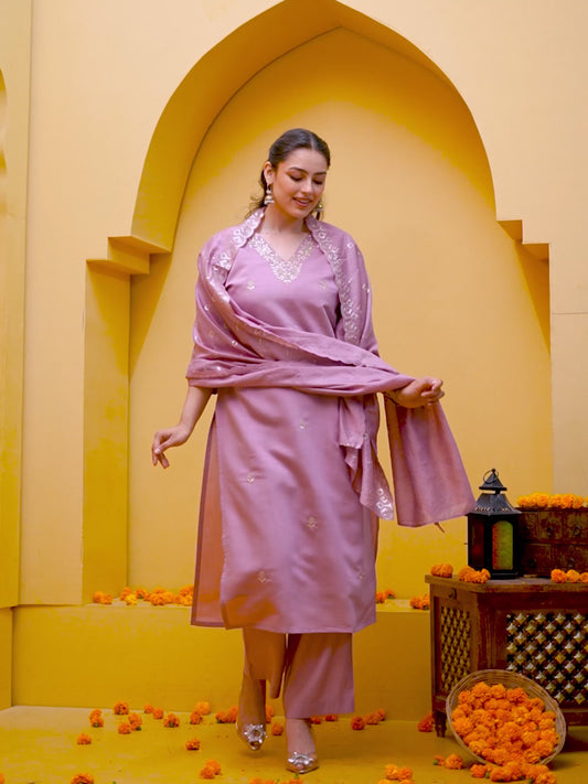 Embroidered Chanderi Solid Straight Dusty Pink Kurta
