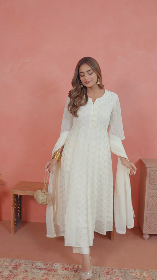Georgette Gold foil Anarkali Off White Kurta