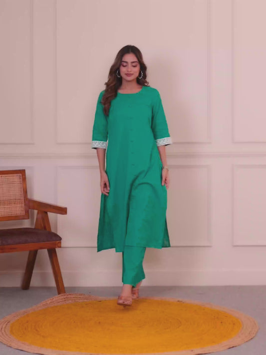 Kantha Cotton Solid Straight Mint Green Kurta