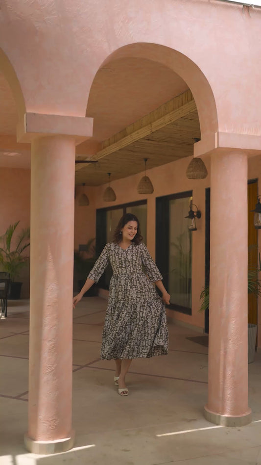 Soft Cotton Foliage Anarkali Olive Dress