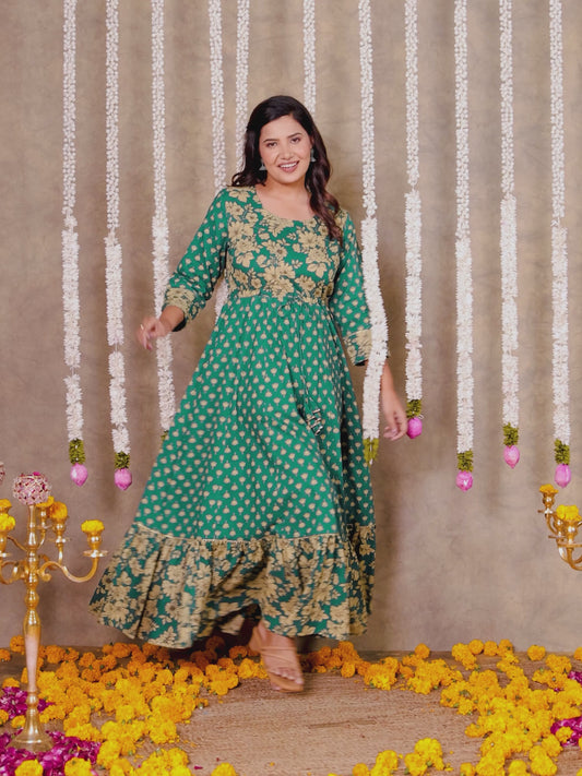 Embroidered Soft Cotton Floral Anarkali Green