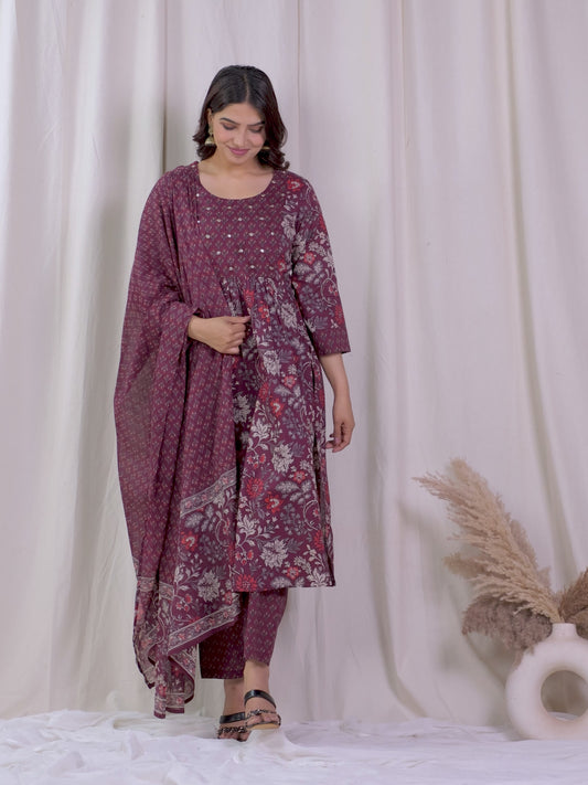 Embroidered Soft Cotton Floral Flared Wine Kurta