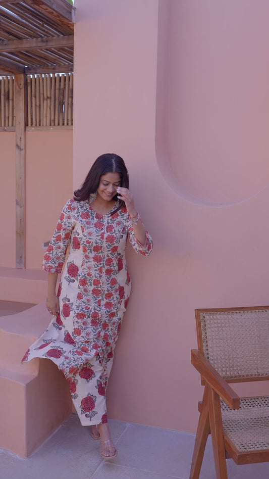 Soft Cotton Floral A-line Orange Kurta
