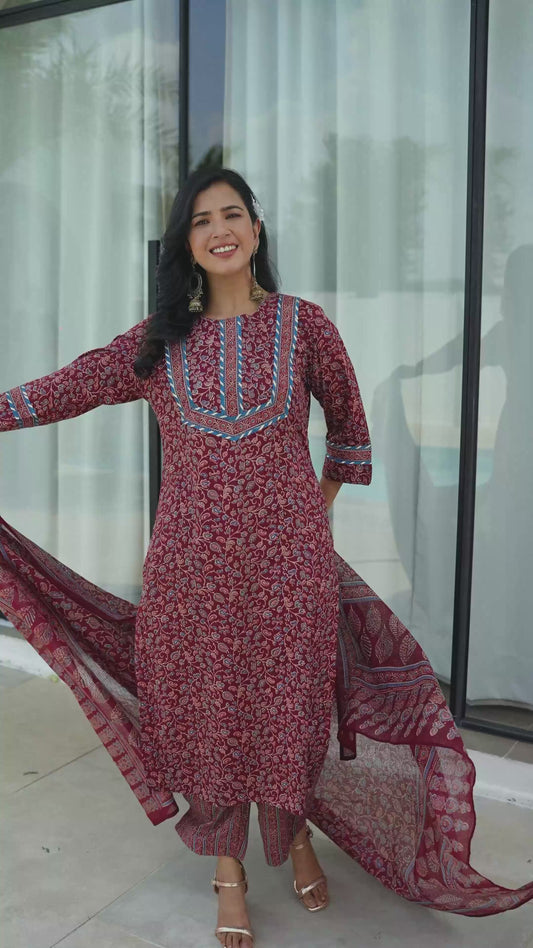 Soft Cotton Floral Straight Maroon Kurta