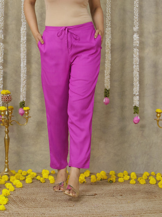 Viscose Solid Pink Tapered Tapered Trousers