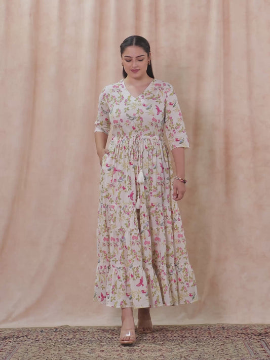 Soft Cotton Floral Anarkali Off White Dress