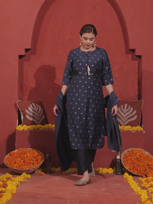 Blended Silk Gold foil Straight Blue Kurta