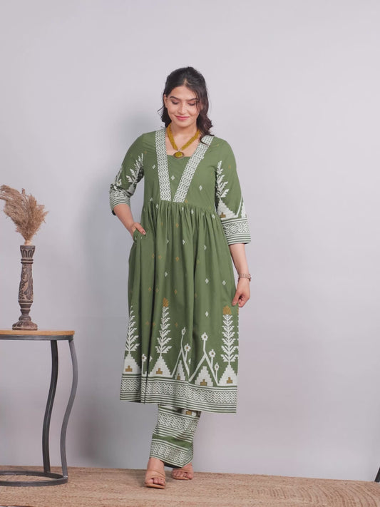 Soft Cotton Geometric Anarkali Green Kurta