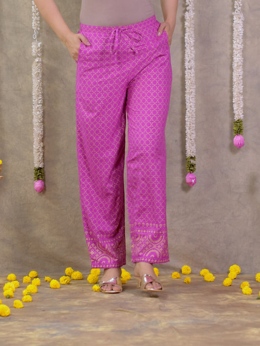 Viscose Gold foil Pink Straight Trousers