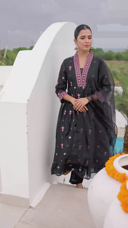 Chanderi Geometric Anarkali Black Kurta