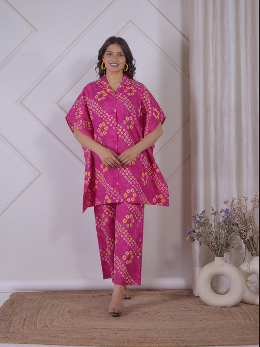 Soft Cotton Bandhani Kaftan Pink Kurta