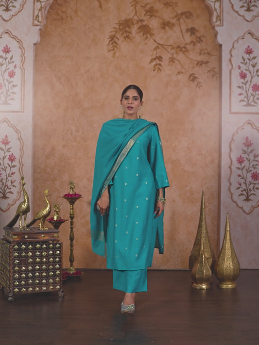 Blended Silk Gold Foil Straight Blue Kurta