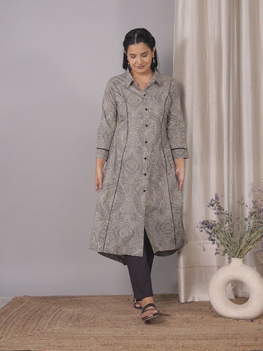 Soft Cotton Geometric High Low Grey Kurta