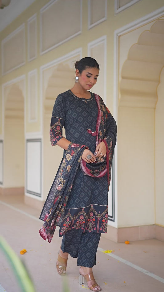 Soft Cotton Floral Straight Black Kurta