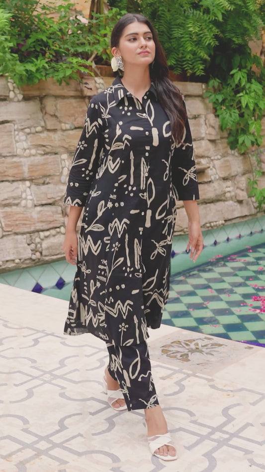 Soft Cotton Abstract High Low Black Kurta