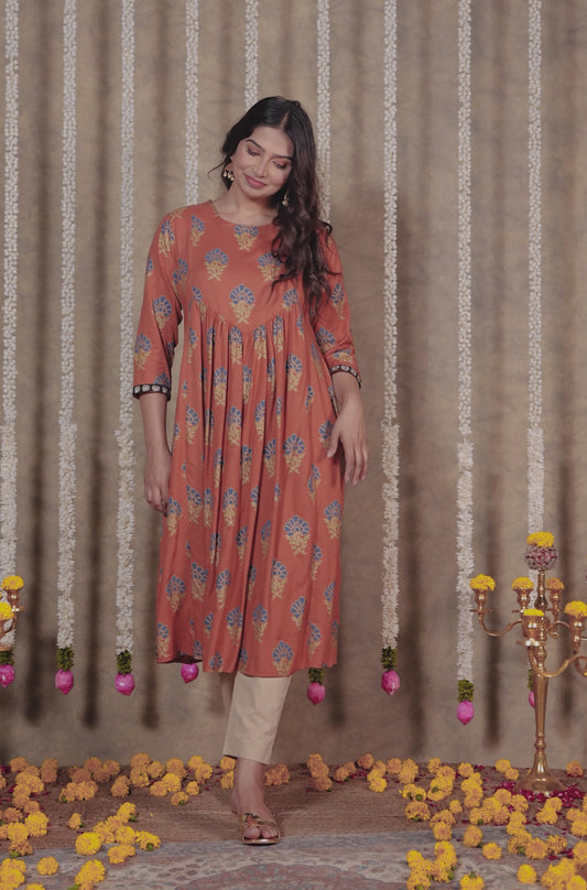 Viscose Butti Flared Rust Orange Kurta