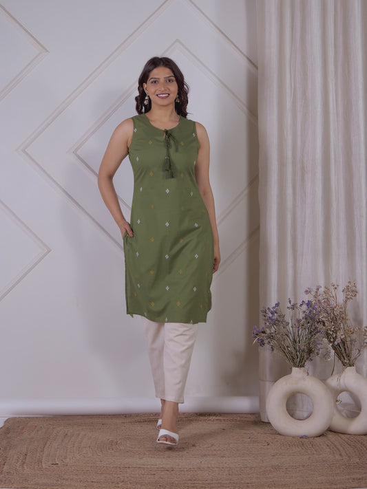Soft Cotton Geometric Straight Green Kurta
