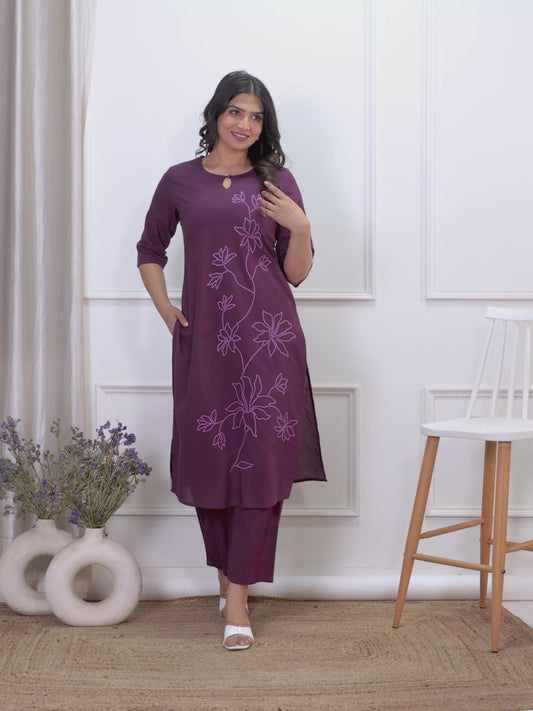Embroidered Soft Cotton Solid Straight Wine Kurta