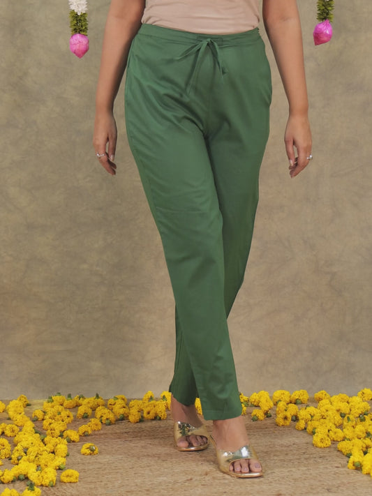 Soft Cotton Solid Green Tapered Trousers