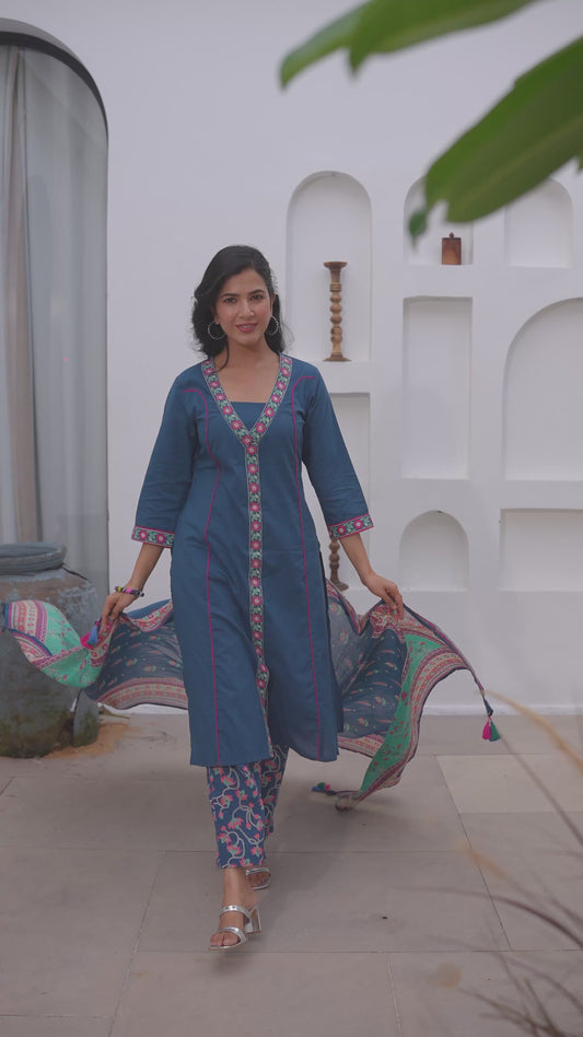 Soft Cotton Solid A-line Teal Kurta