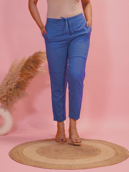 Textured Cotton Solid Blue Trousers  Tapered Trousers
