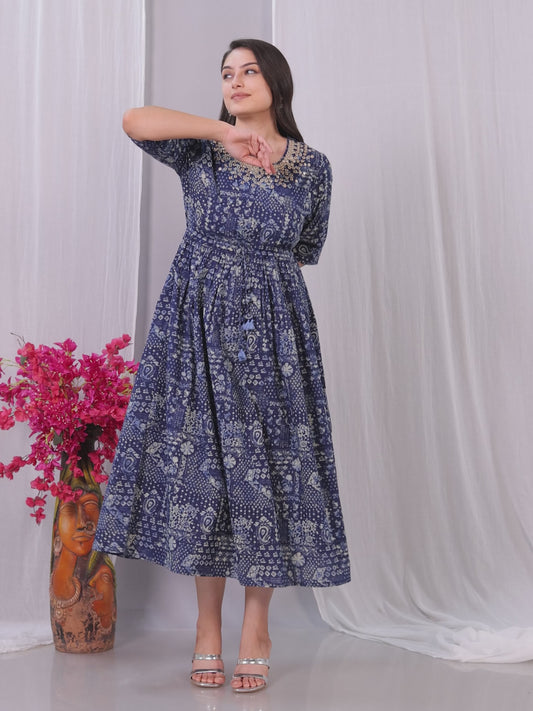 Embroidered Soft Cotton Paisley Anarkali Indigo blue Kurta