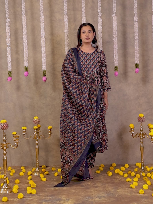 Soft Cotton Floral A-line Navy Blue Kurta