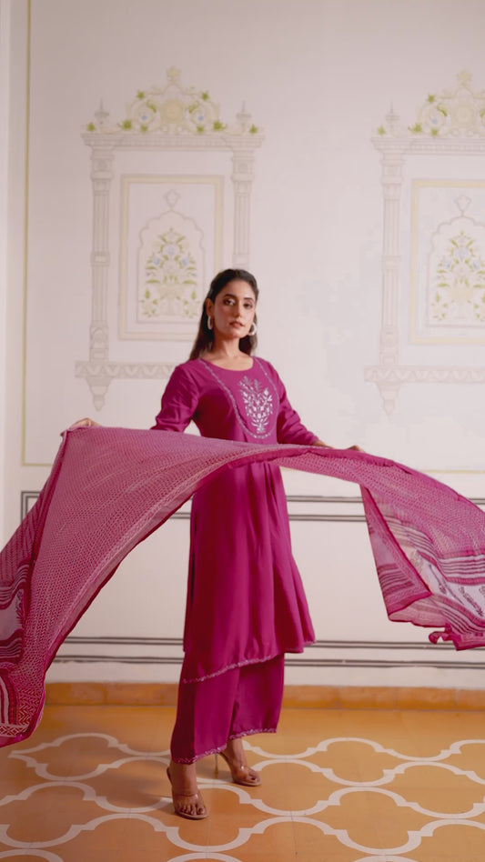 Embroidered Viscose Solid Flared Maroon Kurta
