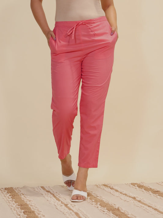 Soft Cotton Solid Pink Tapered Trousers