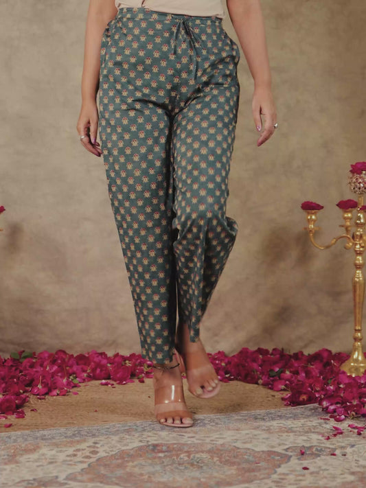 Soft Cotton Floral Green Straight Trousers