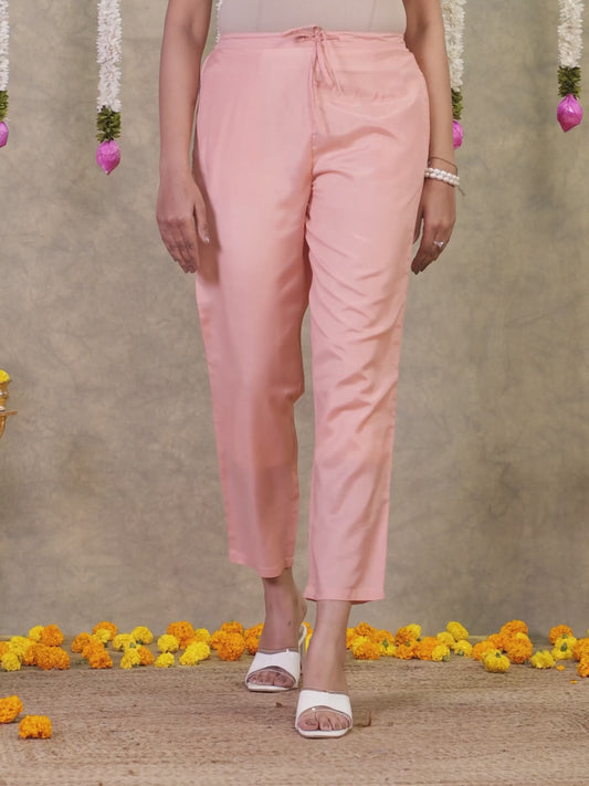 Blended Silk Solid Baby Pink Tapered Trousers