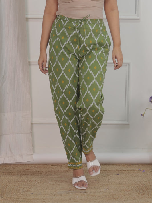 Soft Cotton Geometric Green Tapered Trousers