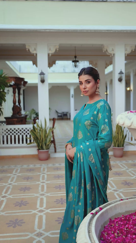 Blended Silk Gold foil Straight Teal Kurta