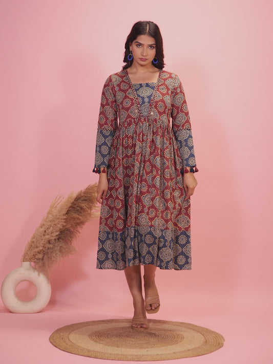 Embroidered Kantha Cotton Geometric Anarkali Rust Dress