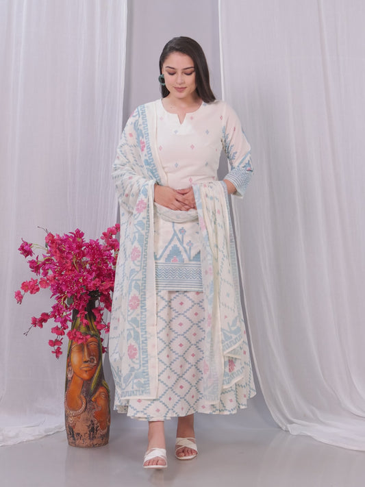 Soft Cotton Geometric Straight Off White Kurta