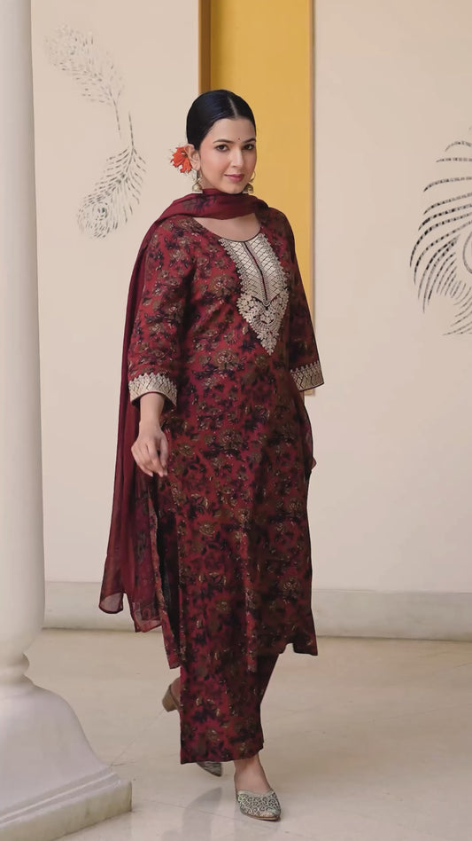 Embroidered Soft Cotton Floral Straight Maroon Kurta