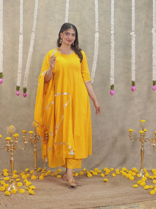 Embroidered Cotton Voile Solid Anarkali Yellow Kurta