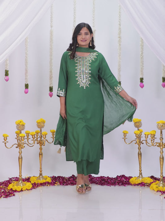 Embroidered Viscose Solid Straight Green Kurta