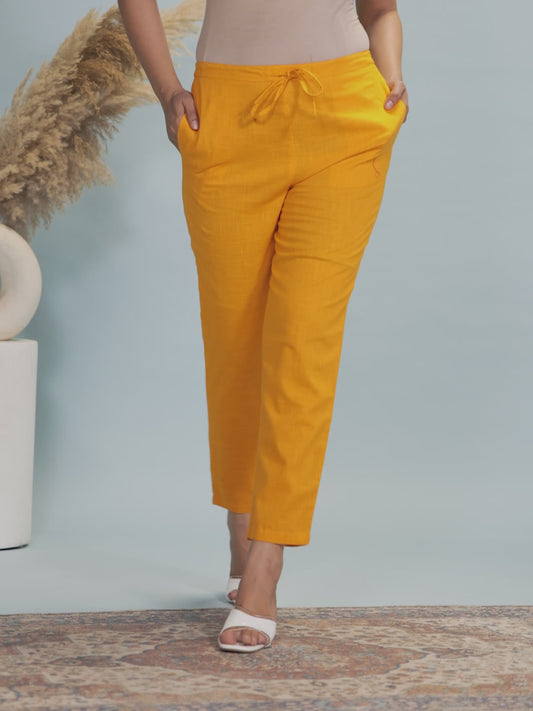 Natural Cotton Solid Yellow Tapered Trousers