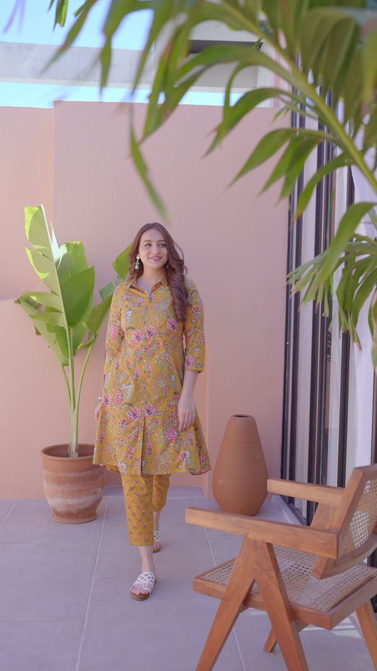 Soft Cotton Foliage High Low Yellow Kurta