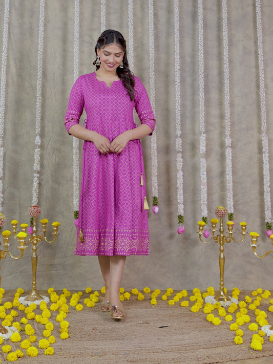 Viscose Gold foil Anarkali Pink Dress