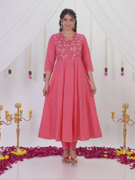 Embroidered Soft Cotton Solid Angrakha Pink Kurta
