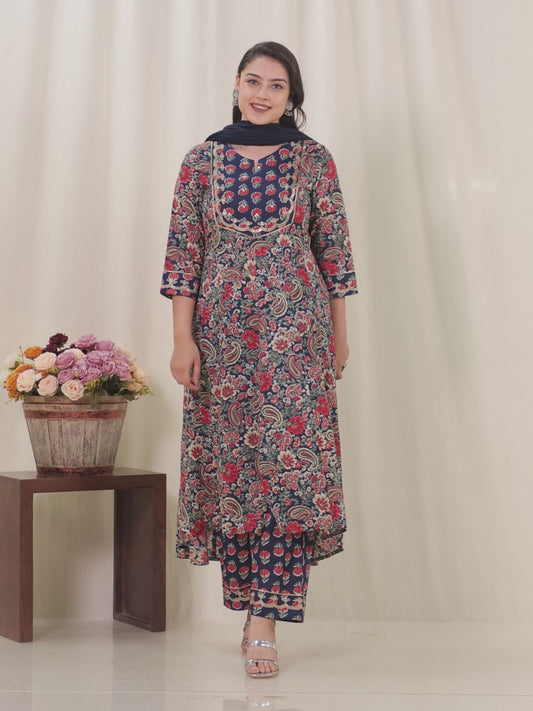 Embroidered Soft Cotton Floral Anarkali Navy Blue Kurta