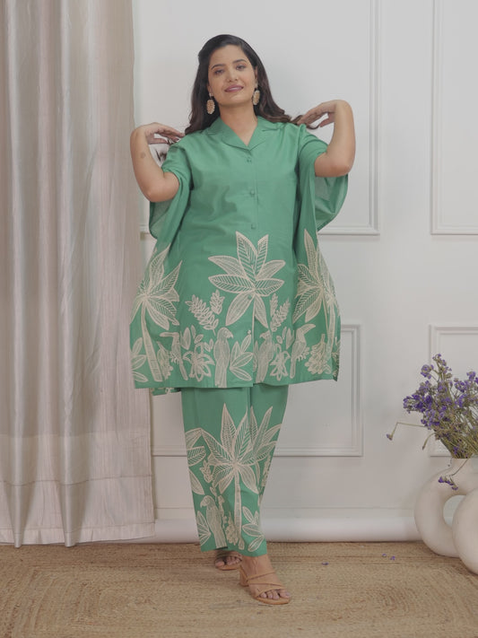 Soft Cotton Placement Print Green Kaftan Shirt