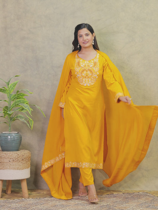Embroidered Cotton Dobby Solid Straight Yellow Kurta