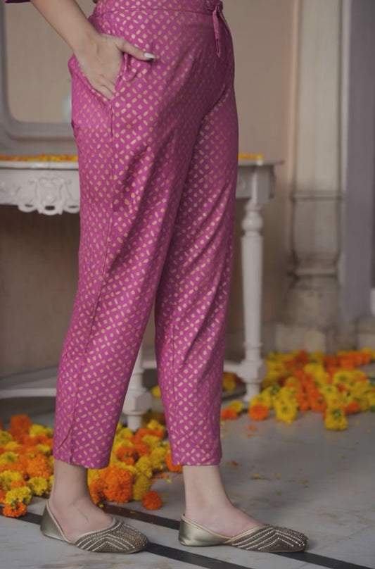 Viscose Gold foil Pink Tapered Tapered Trousers