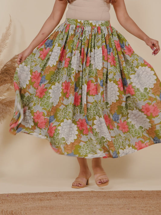 Soft Cotton Floral Green Skirt