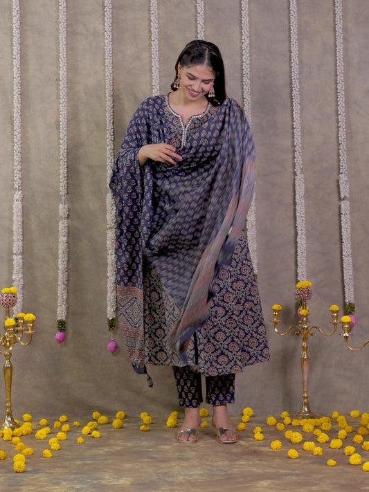Embroidered Soft Cotton Geometric Anarkali Blue Kurta