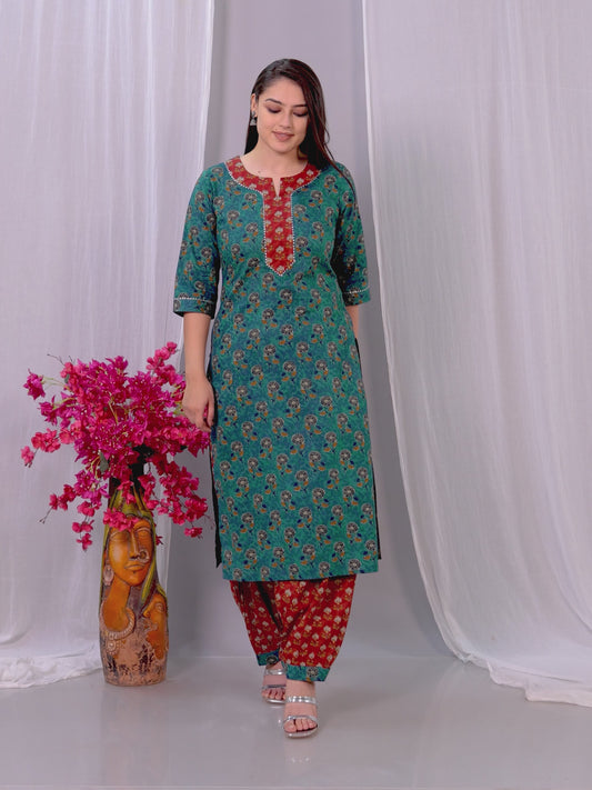 Embroidered Soft Cotton Floral Straight Turquoise