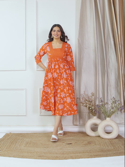 Soft Cotton Floral Anarkali Orange Dress